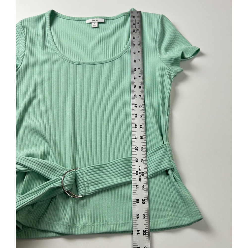 Bar III Green Ribbed Front Belt Scoop Neck Short Sleeve Top Size M - Picture 9 of 11